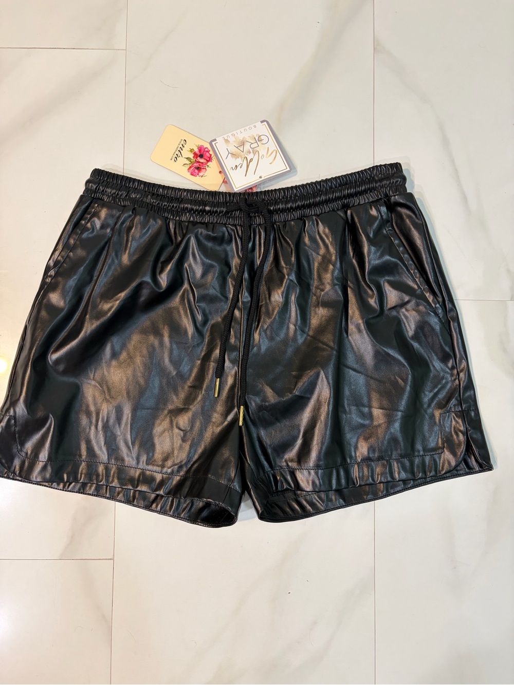 Women's Black Faux Leather Drawstring Shorts NWT Entro brand